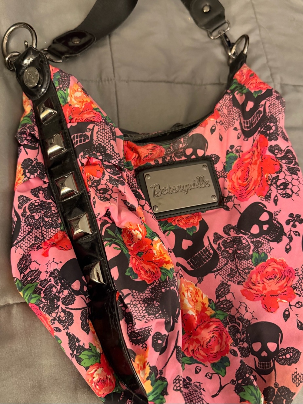 Betsey Johnson Pink Floral & Skull Shoulder Bag